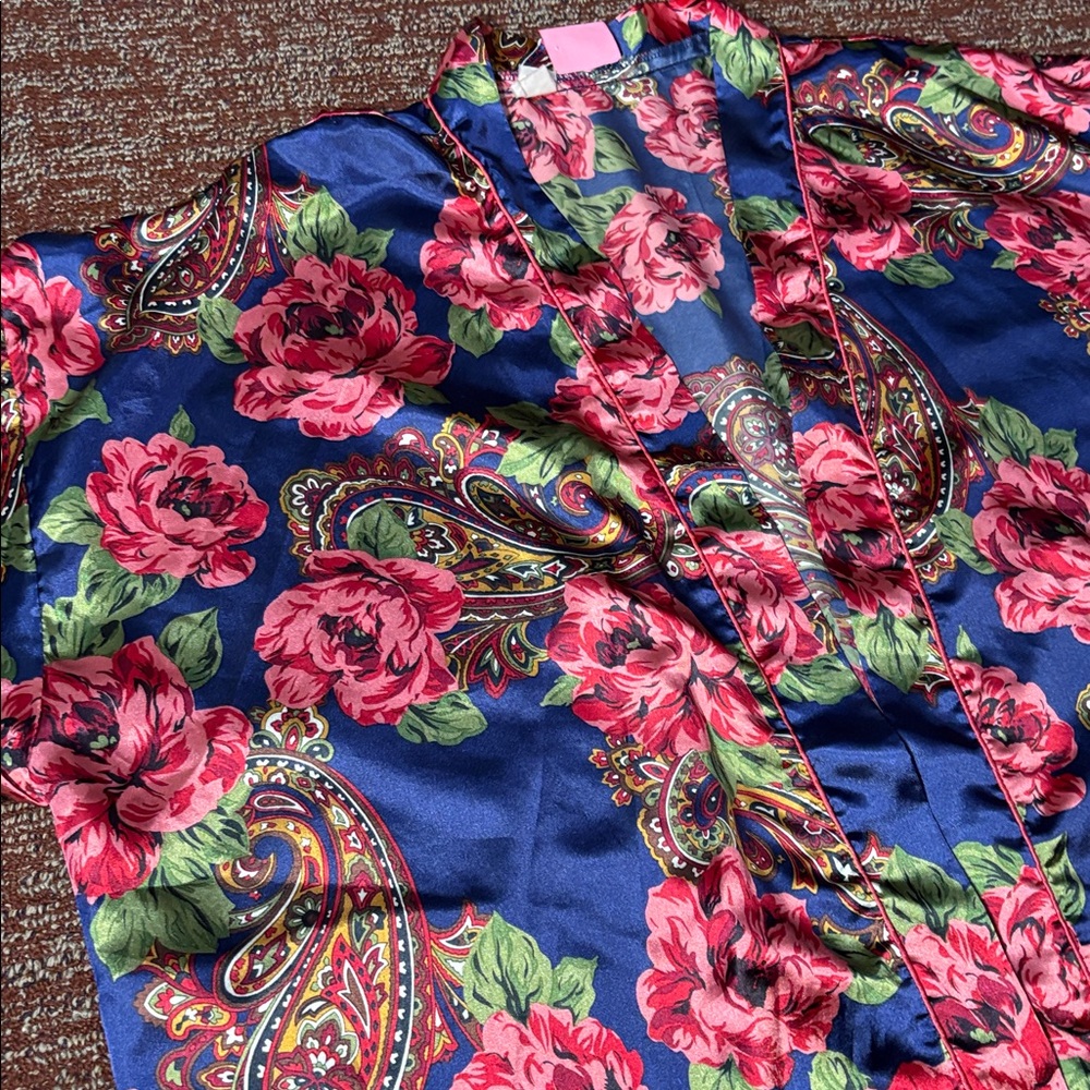 Vintage rose floral satin short duster robe victorian paisley floral open front